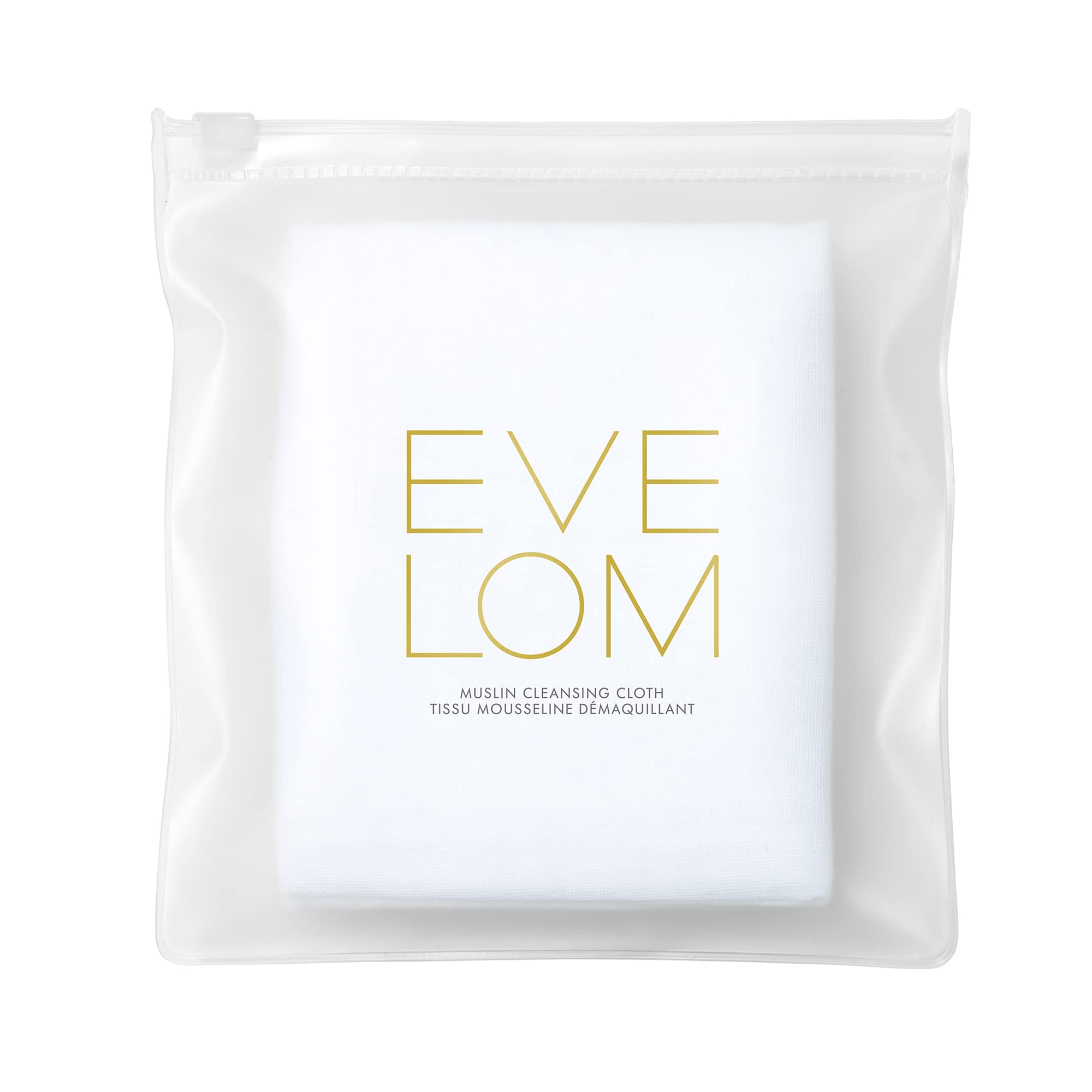 EVE LOM Muslin Cloth pack shot showing three 100% cotton cloths for gentle exfoliation and cleansing.