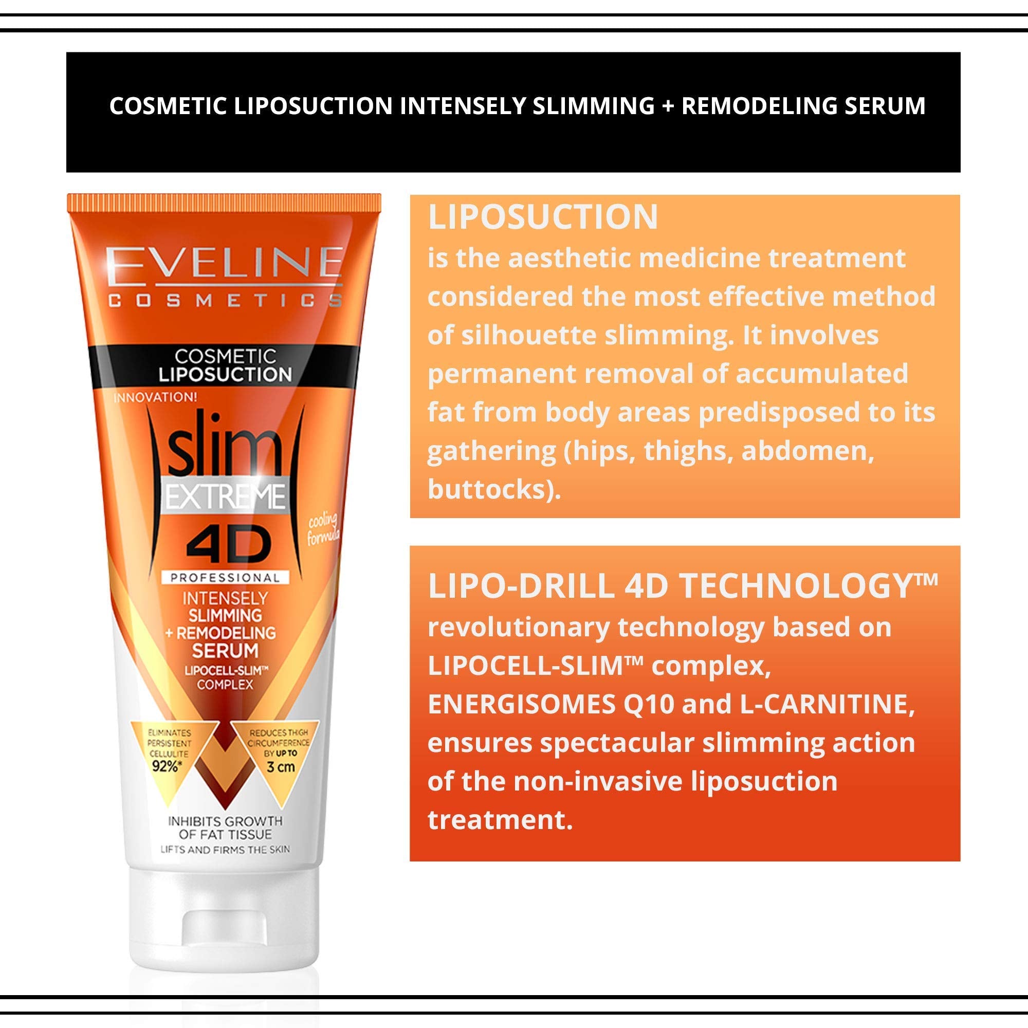 Hands massage Eveline Slim Extreme 4D serum into skin for lifting feel.