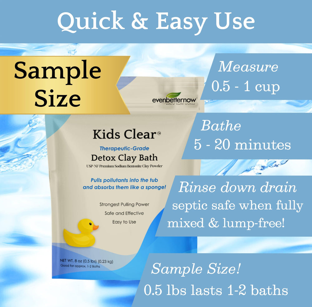 EvenbetterNow Kids Clear Detox Bath etiqueta clara para transparencia y confianza.