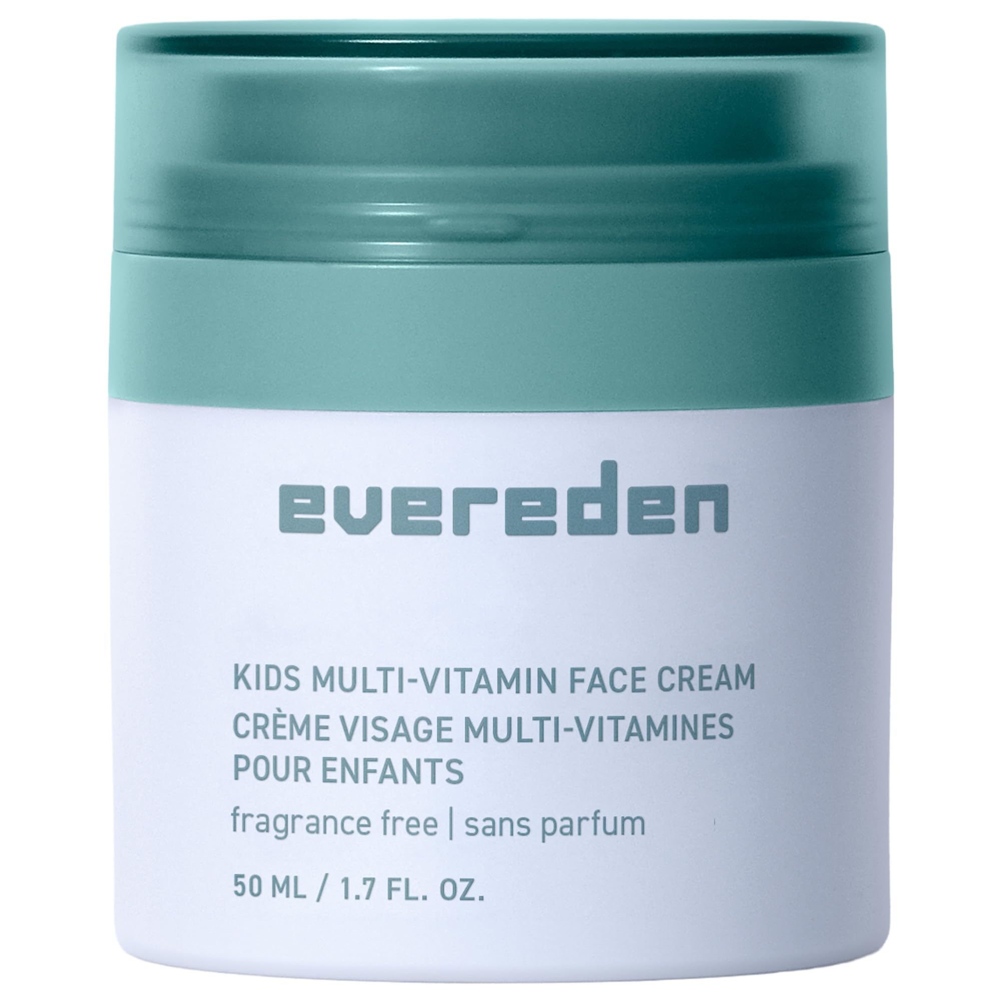 Evereden fragrance-free kids face cream jar showing unscented hydration for sensitive skin.