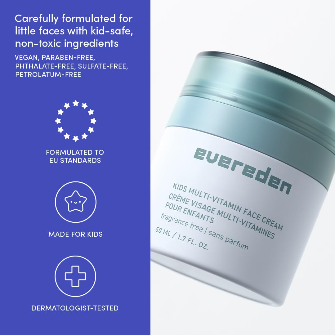 Evereden fragrance-free kids face cream pump bottle highlighting simple, non-toxic application.