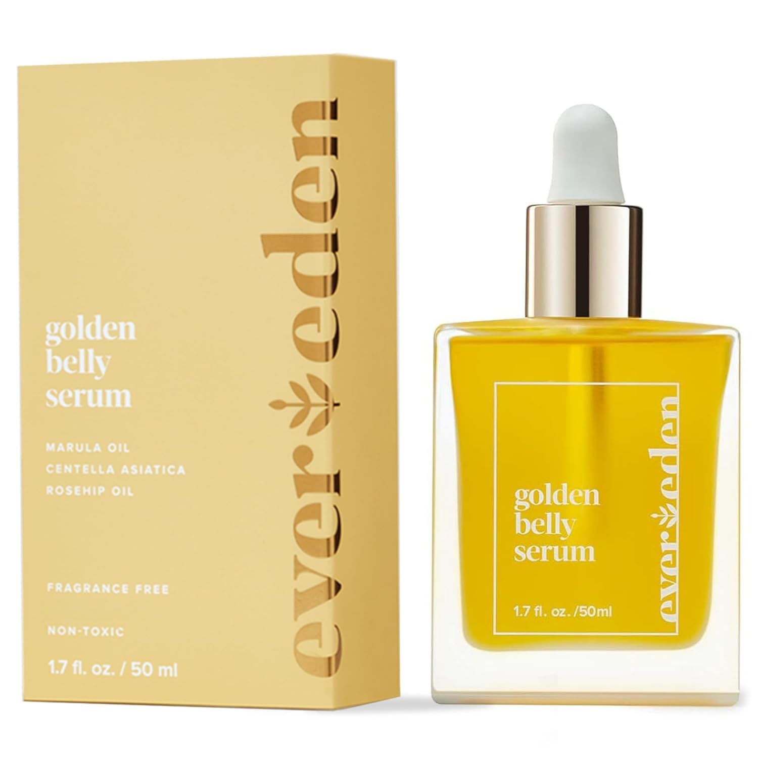Evereden Golden Belly Serum bottle shows clean vegan maternity care for skin nourishment during pregnancy.