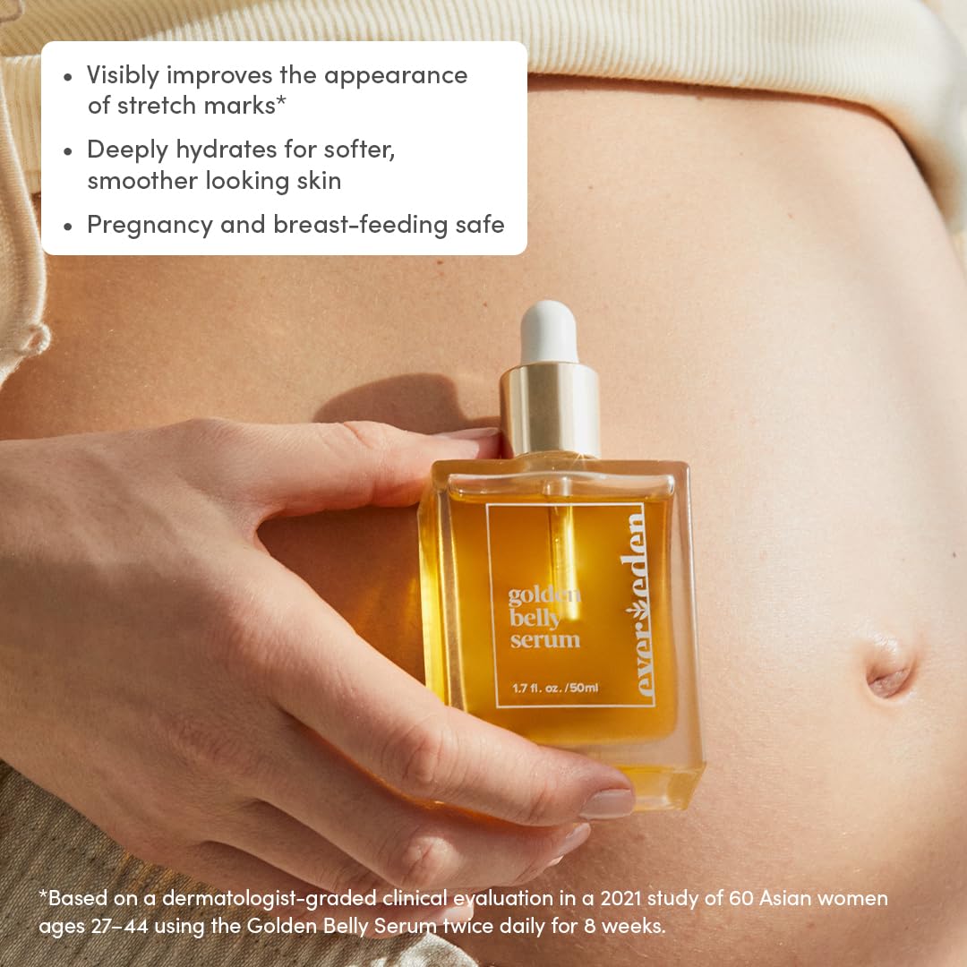 Evereden Golden Belly Serum dispenser demonstrates easy, gentle application for daily belly care.