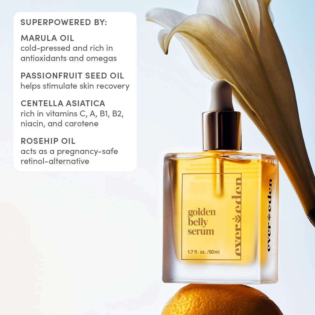 Evereden Golden Belly Serum texture closeup highlights silky lightweight oil.