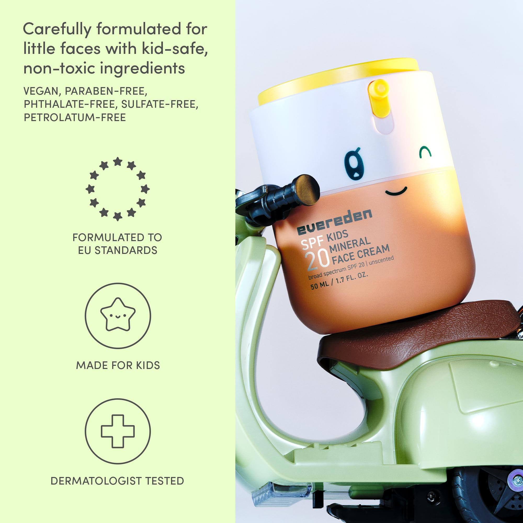Evereden Kids Face Cream fragrance-free option reduces irritants for delicate skin.