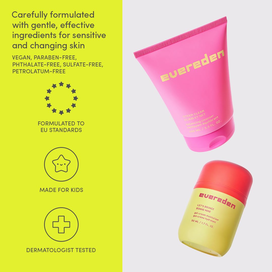 Evereden Steer Clear gel limpiador, ingredientes veganos para piel joven sin químicos agresivos.