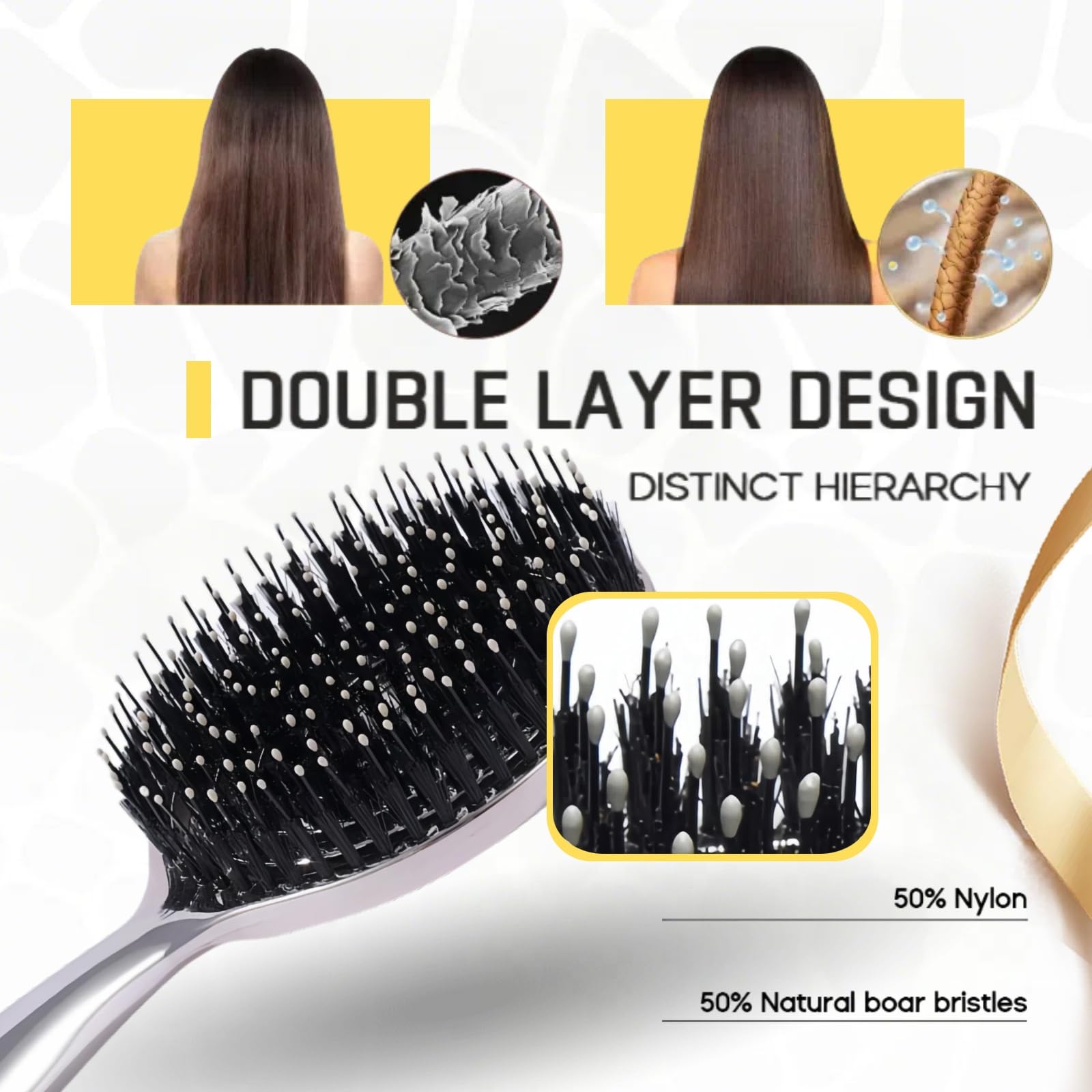 Everetched natural boar bristles balance oils from roots to ends