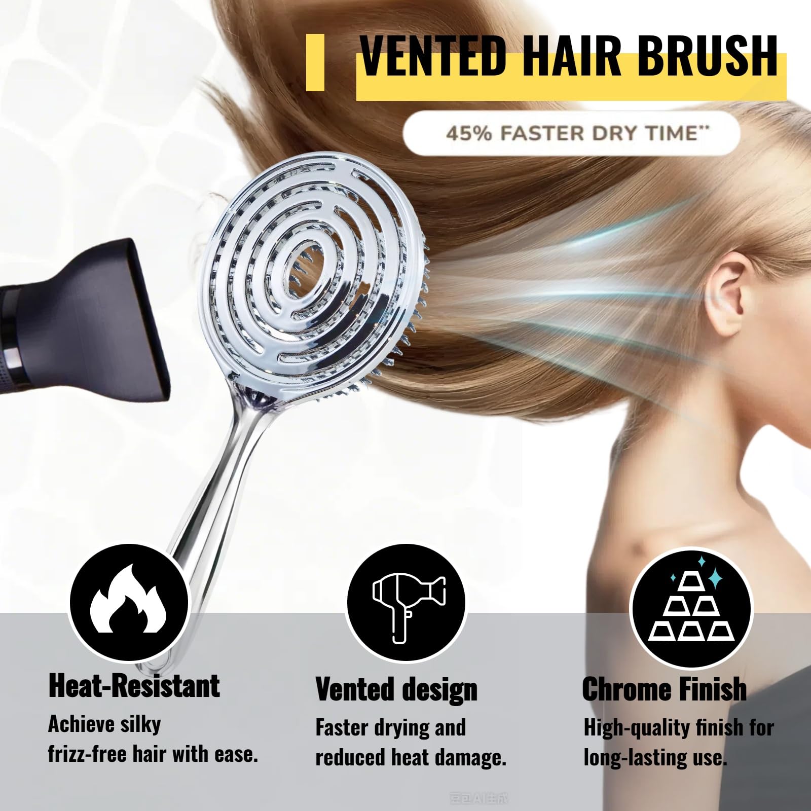 Everetched vented brush supports quick styling with even heat circulation