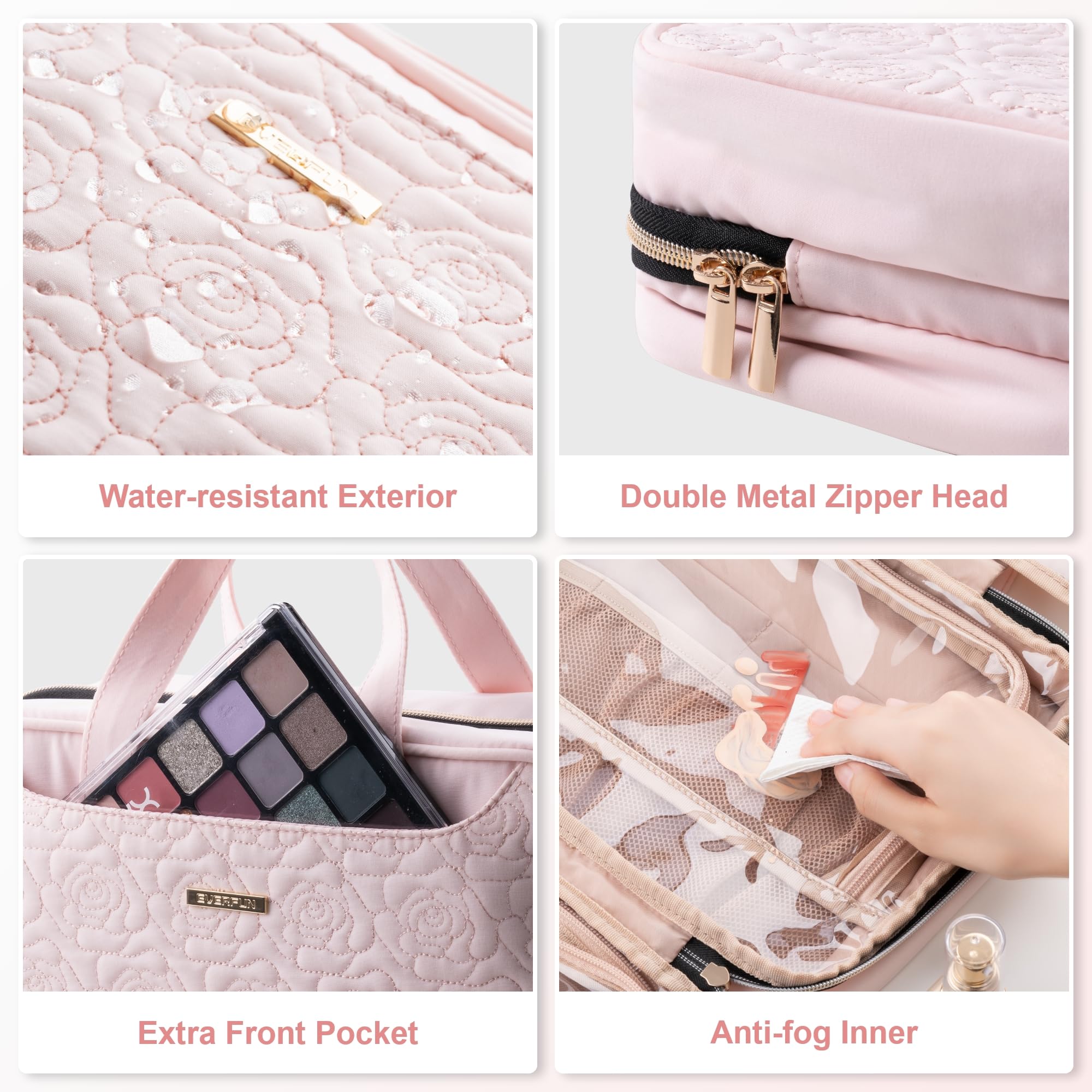 Everfun hanging toiletry bag hotel bathroom setup for easy organization.