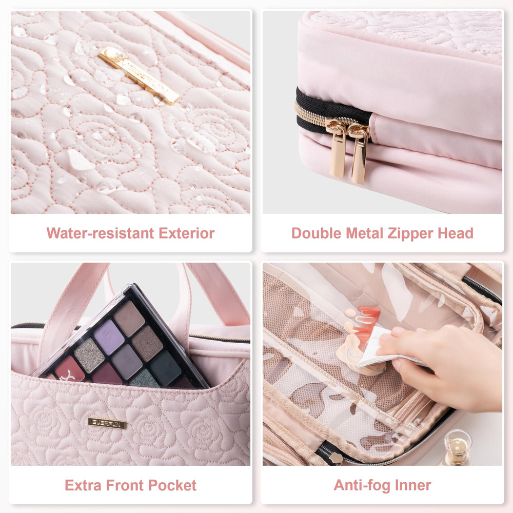 Everfun hanging toiletry bag hotel bathroom setup for easy organization.