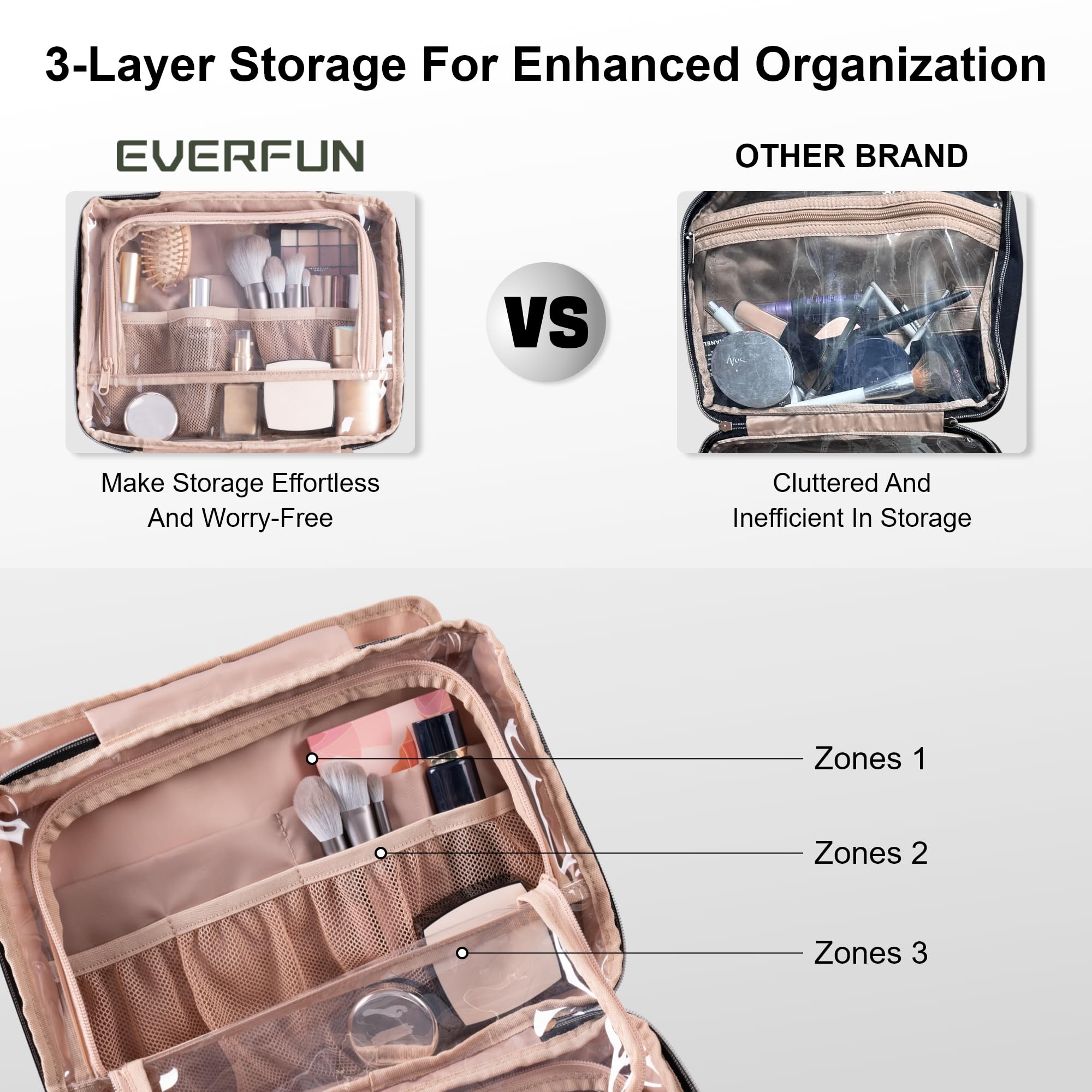 Everfun hanging toiletry bag interior with smart zones for organization