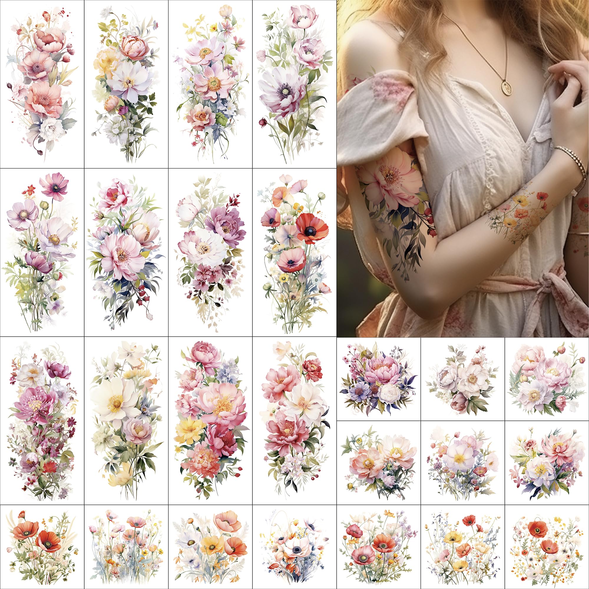 Everjoy tatuaje floral grande con hojas para un estilo veraniego duradero.