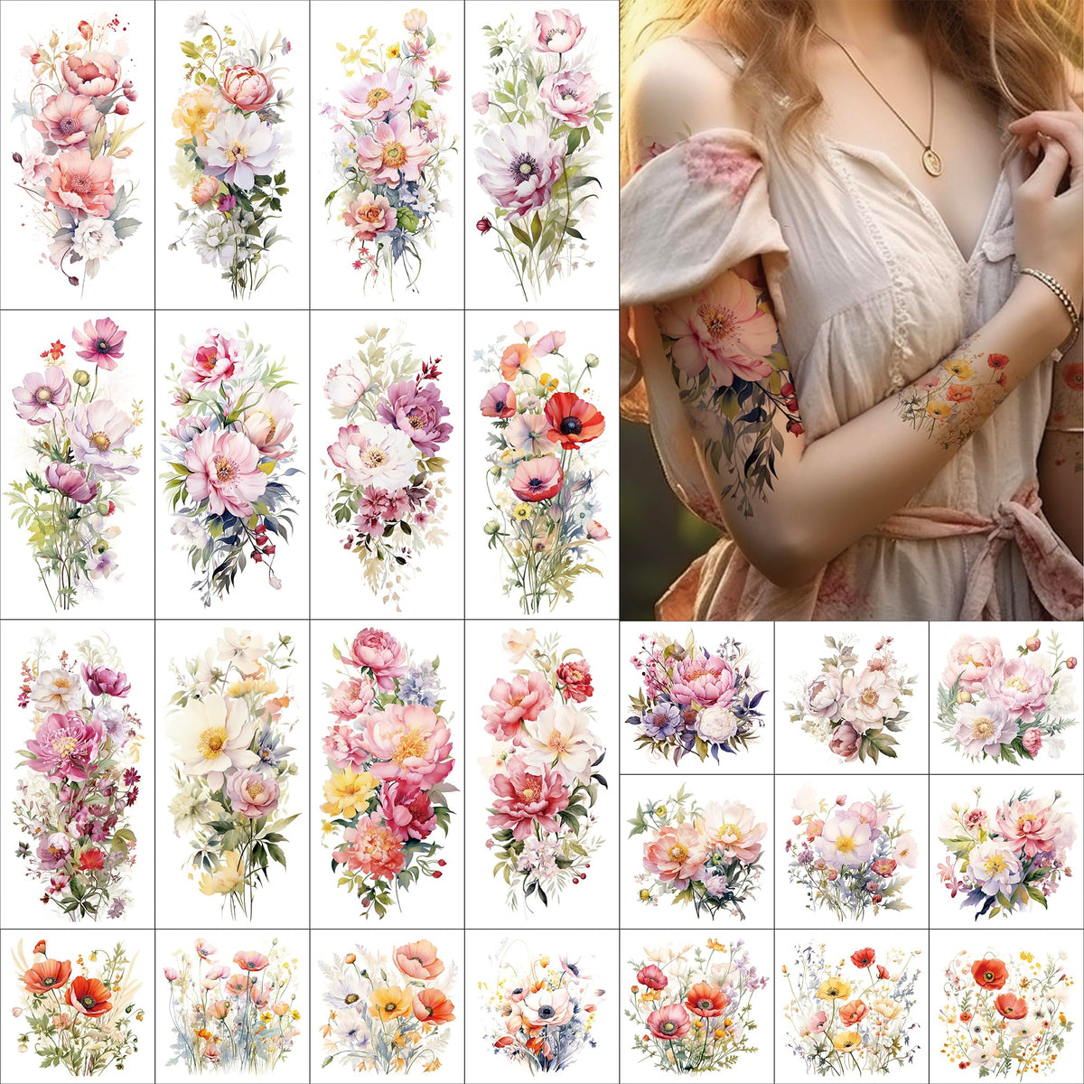 Everjoy tatuaje floral grande con hojas para un estilo veraniego duradero.