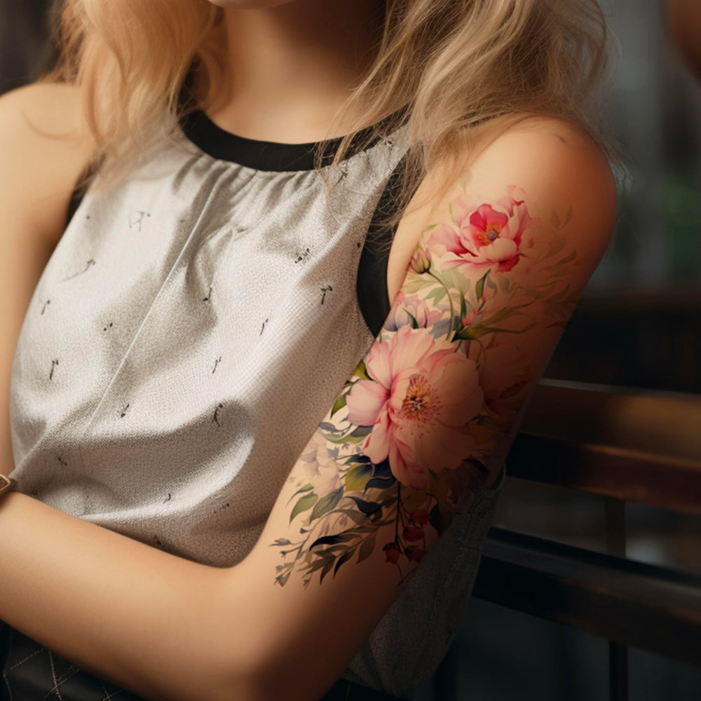 Everjoy tatuaje floral grande con peonía, estilo suave y elegante.