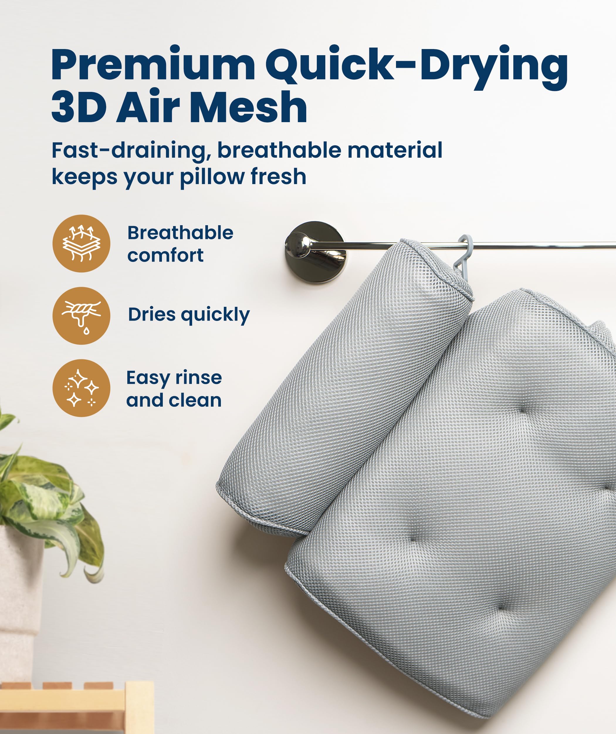 Everlasting Comfort bath pillow with built-in drying hook for easy storage
