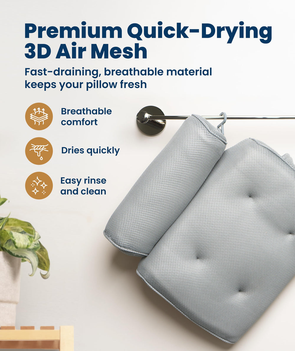 Everlasting Comfort bath pillow with built-in drying hook for easy storage