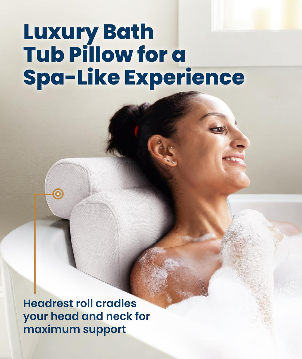 Everlasting Comfort bath pillow with non-slip suction cups stays in place.