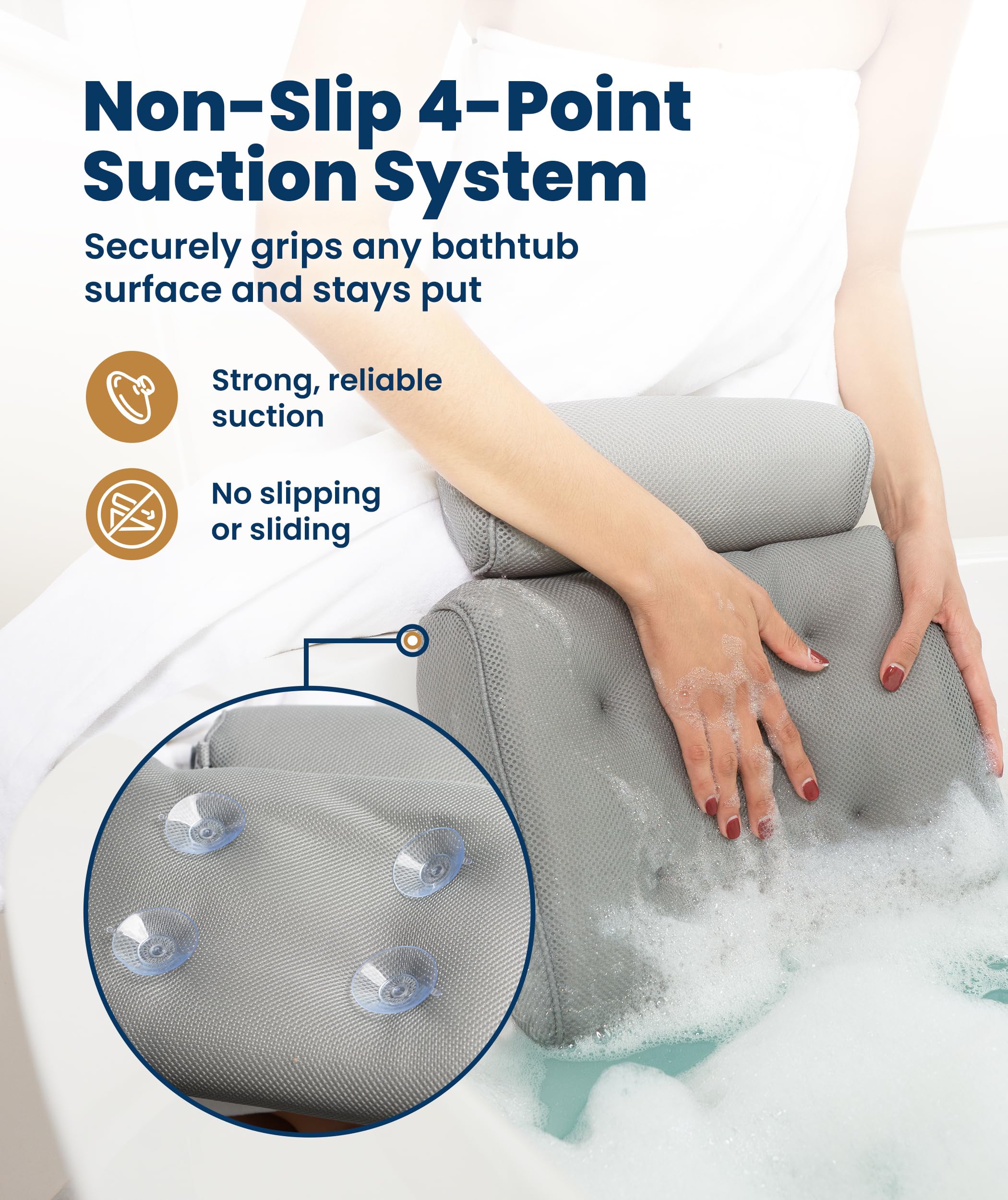 Everlasting Comfort bath pillow with quick-drying mesh for faster drying