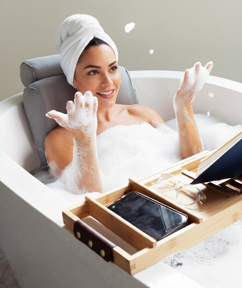Everlasting Comfort gray bath pillow adds spa-like comfort to baths
