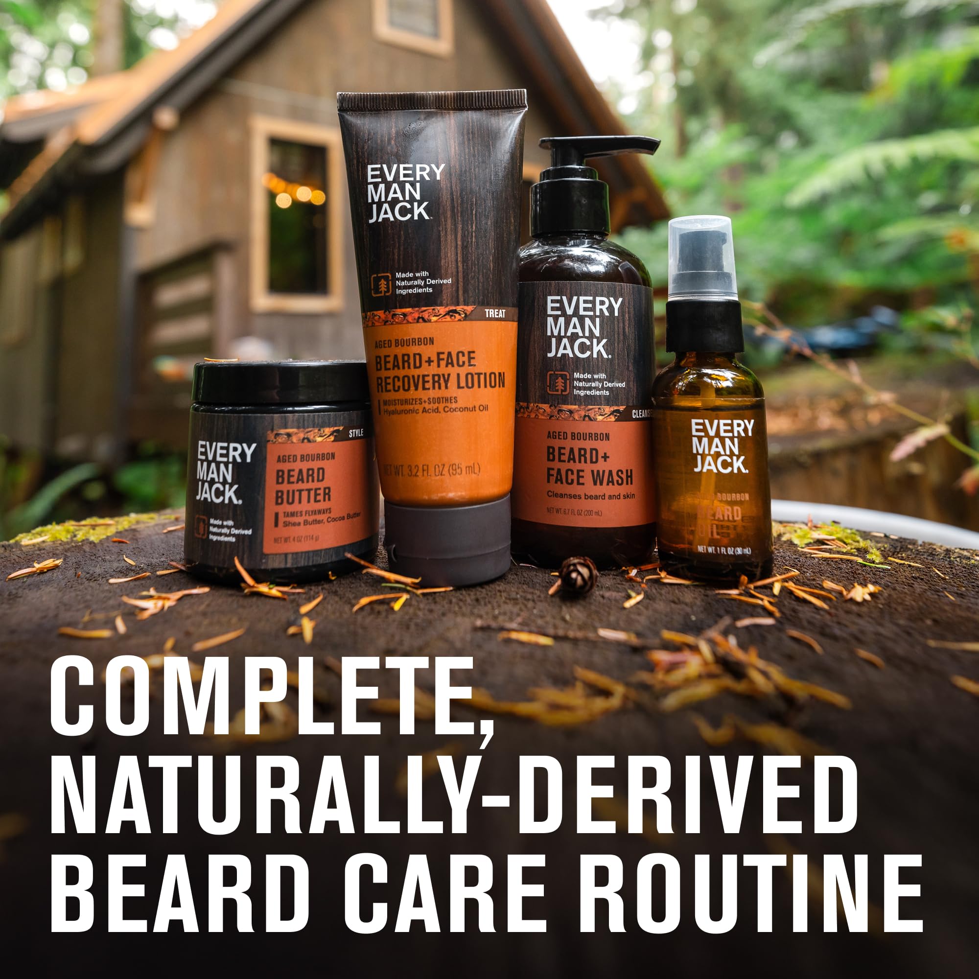 Every Man Jack aged bourbon scent collection showcasing vanilla and conifer notes.