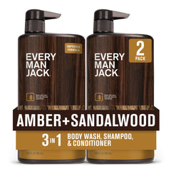 Every Man Jack Amber Sandalwood bottle close-up highlighting fragrance and hydration.