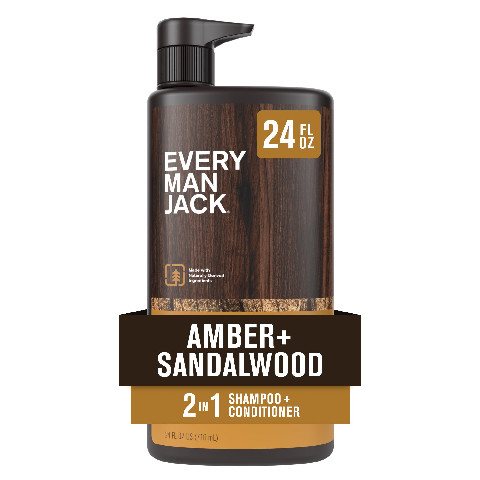 Every Man Jack Amber Sandalwood bottle pour shows a clean, refreshing wash for daily hair care