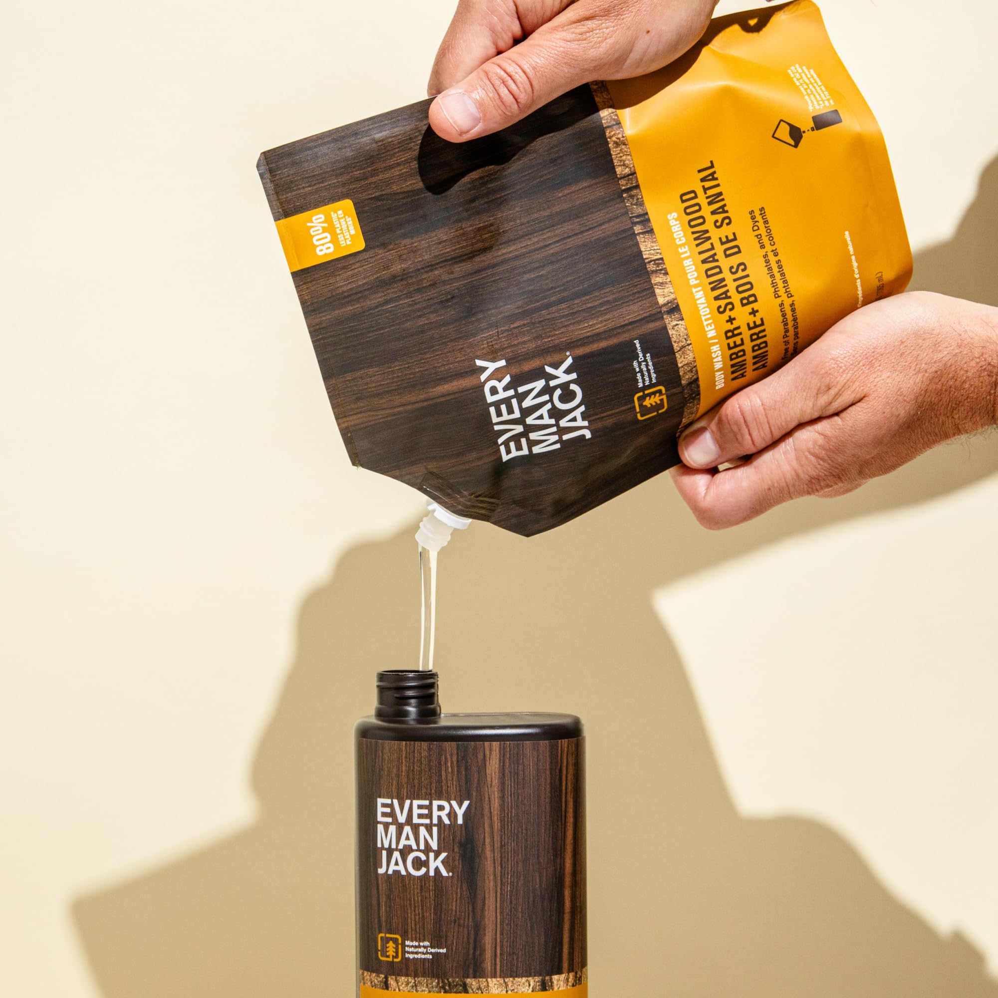 Warm wood-toned branding of Every Man Jack Amber + Sandalwood.