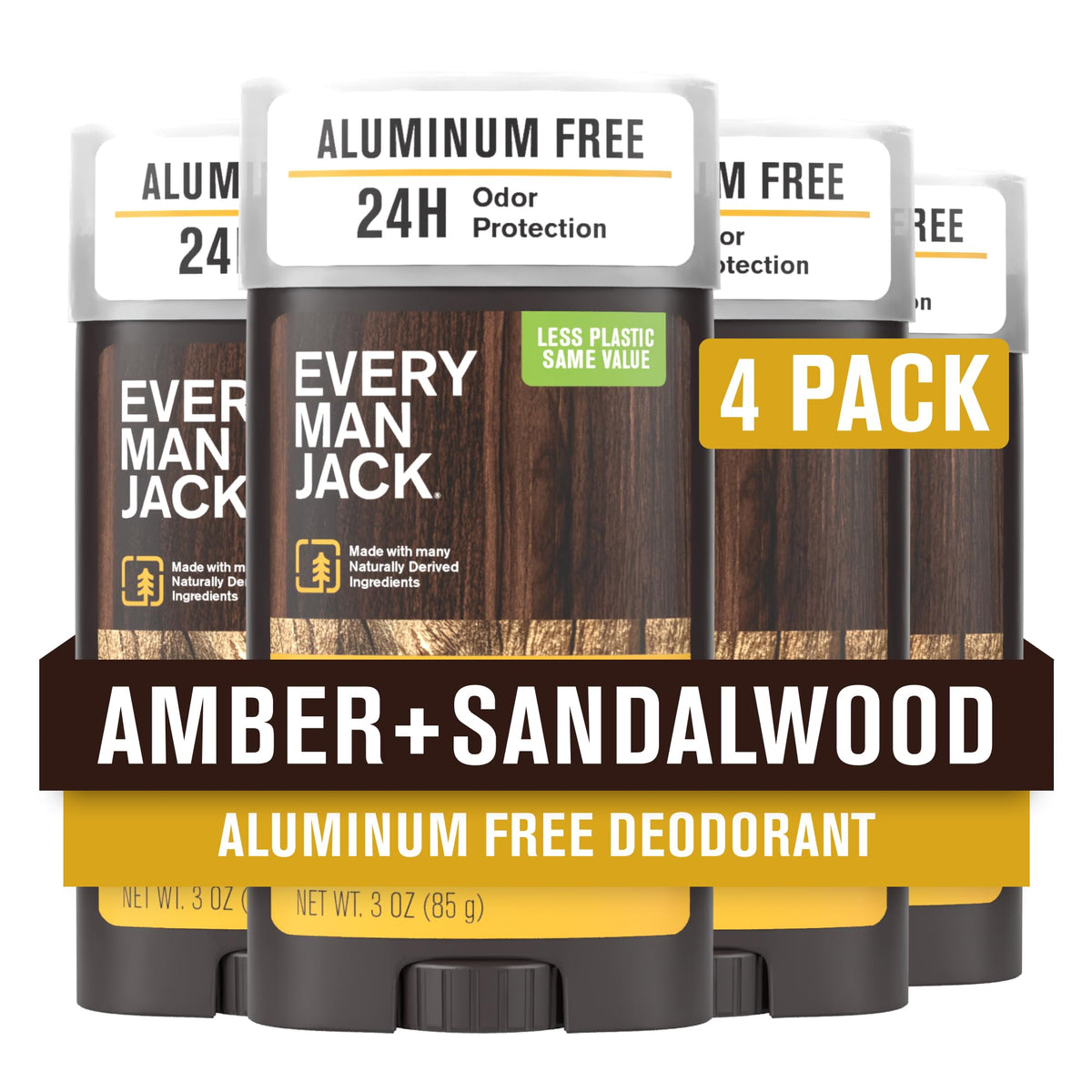 Every Man Jack Amber and Sandalwood deodorant bottle shows aluminum-free long-lasting freshness.