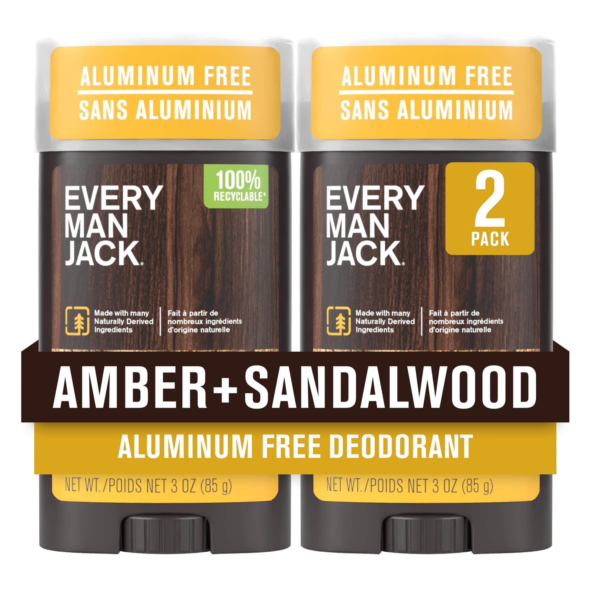 Every Man Jack Amber + Sandalwood en etiqueta frontal, aroma fresco para uso diario.