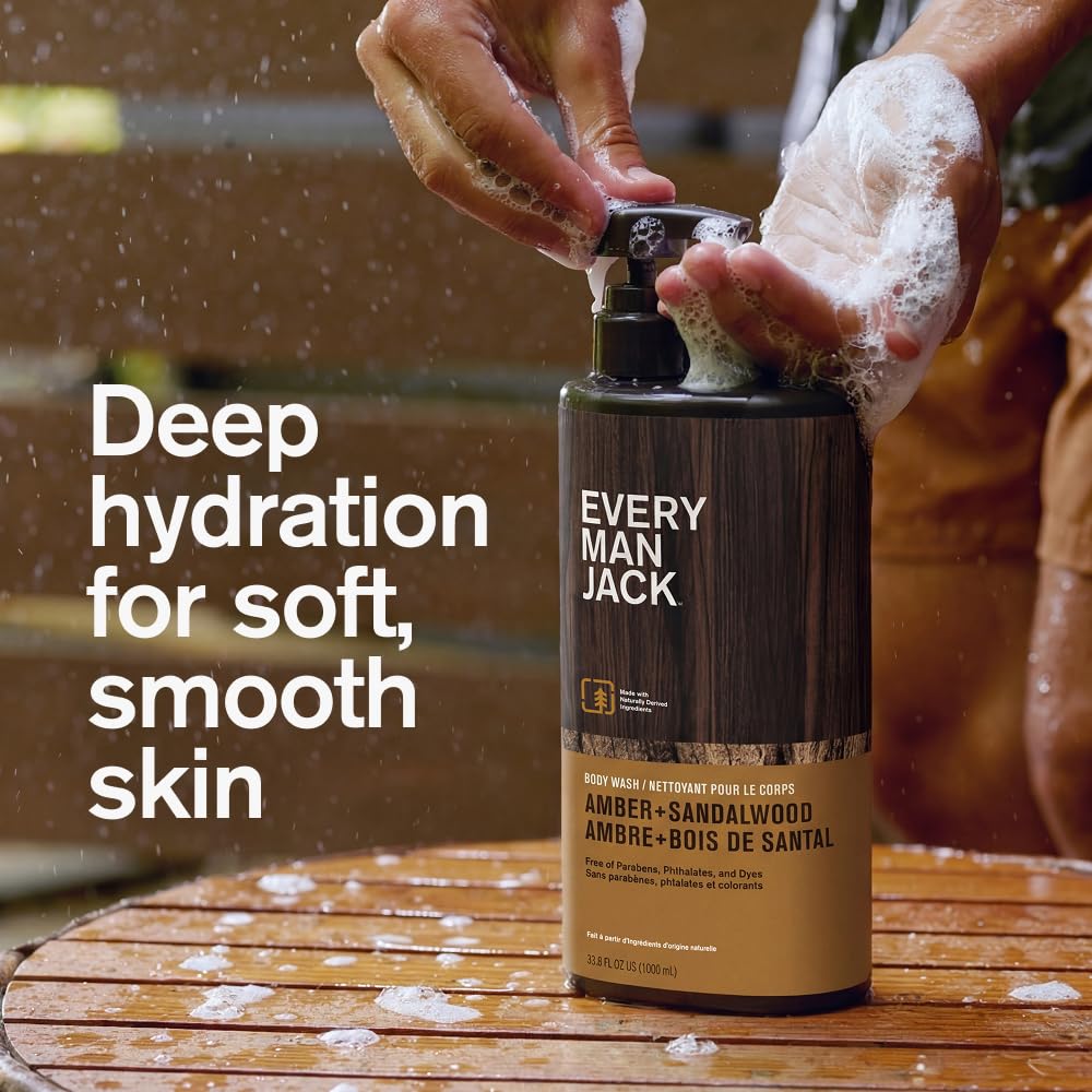 Every Man Jack Amber + Sandalwood label close-up highlights brand and scent.