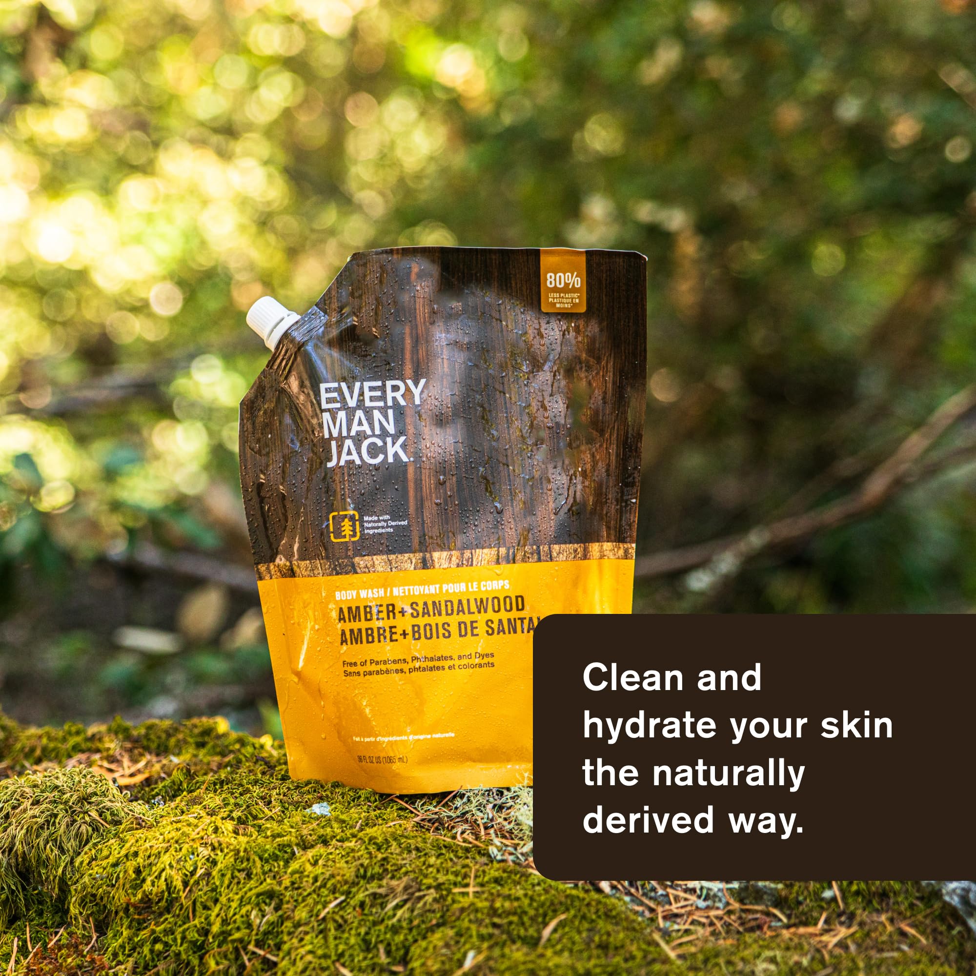Close-up of Every Man Jack Amber + Sandalwood label on refill pouch.