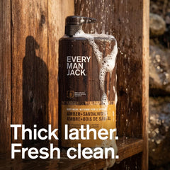 Every Man Jack Amber + Sandalwood pump-top close-up for easy dispensing.