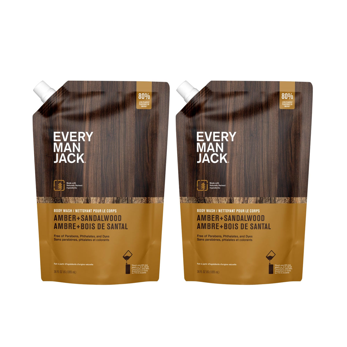 Every Man Jack Amber + Sandalwood refill pouch 36oz on display.
