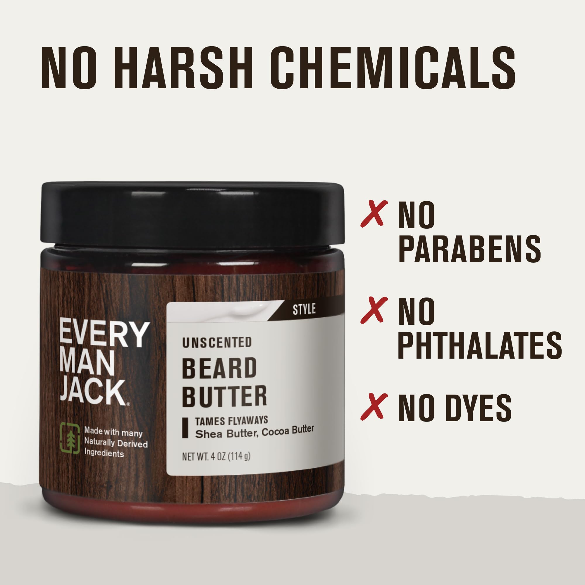 Every Man Jack beard butter dermatologist-tested label emphasizes safety for sensitive skin