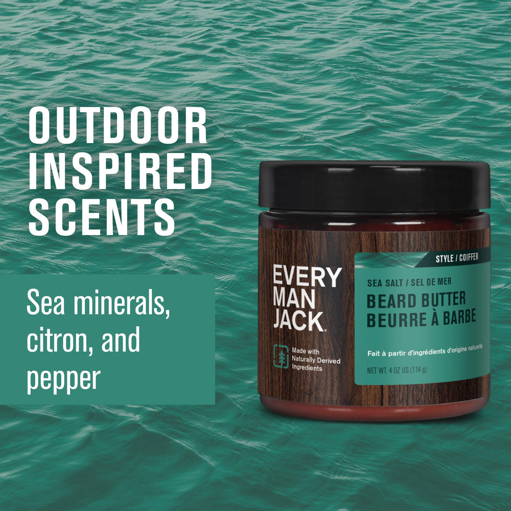 Hand applying Every Man Jack beard butter Subtle Sea Salt fragrance