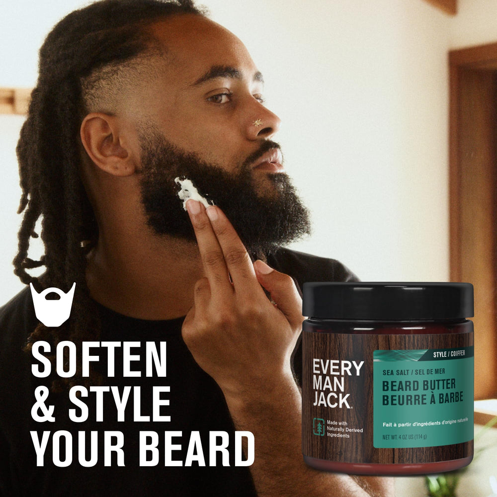 Creamy texture of Every Man Jack beard butter Subtle Sea Salt in jar
