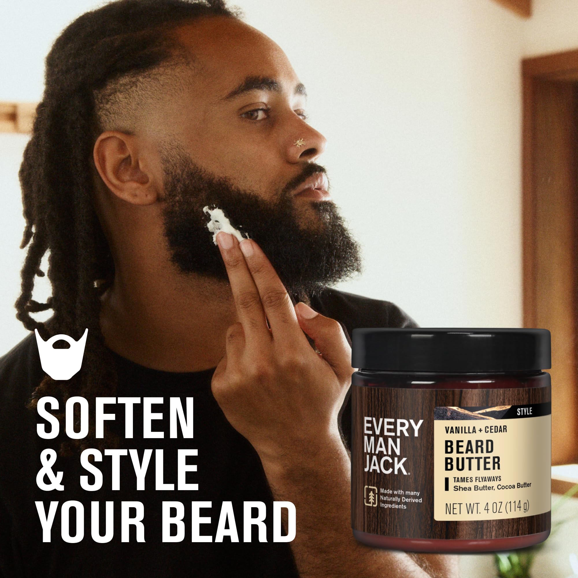 Every Man Jack beard butter 2-pack pack-shot with warm vanilla cedar scent.