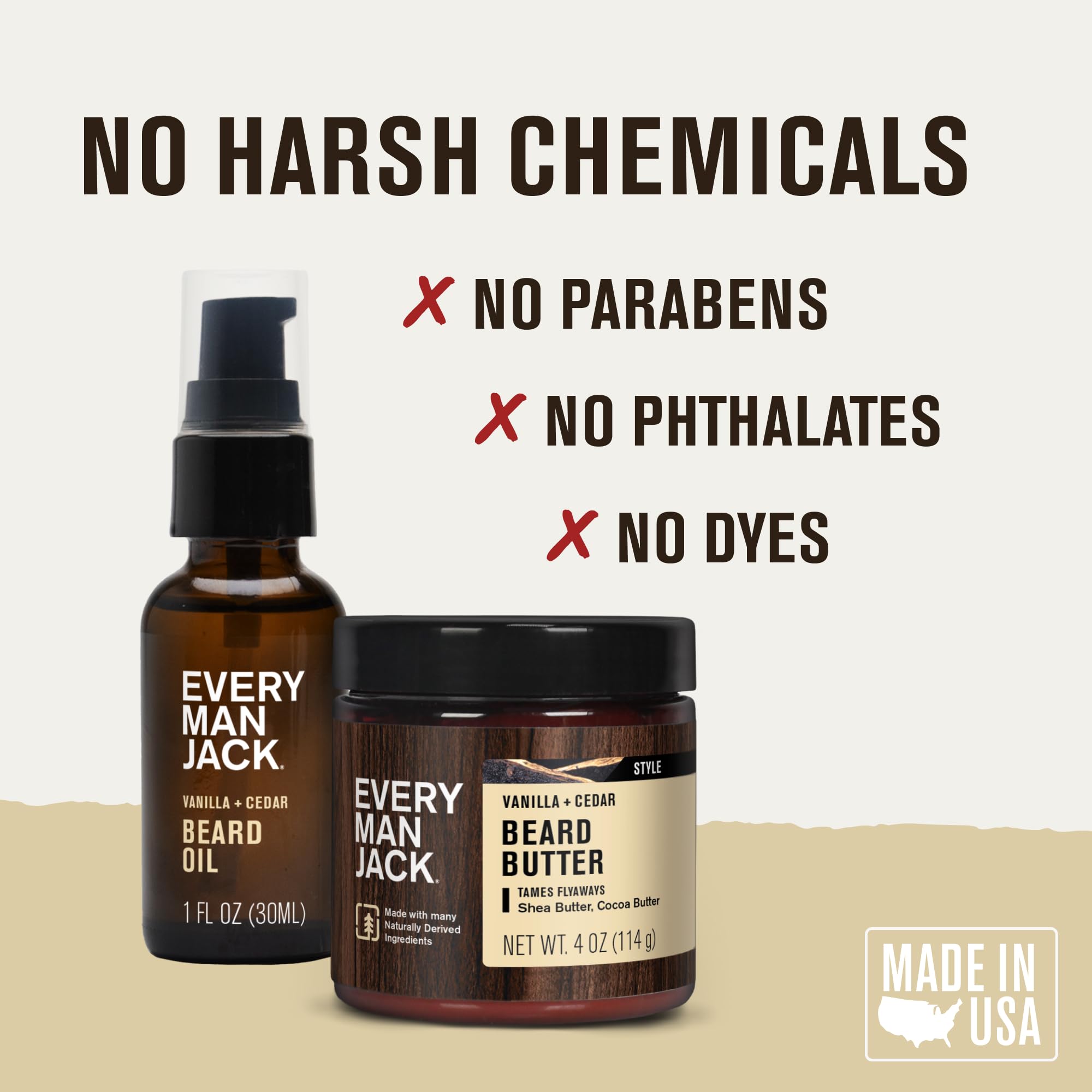 Every Man Jack beard care routine setup showcases natural ingredients.