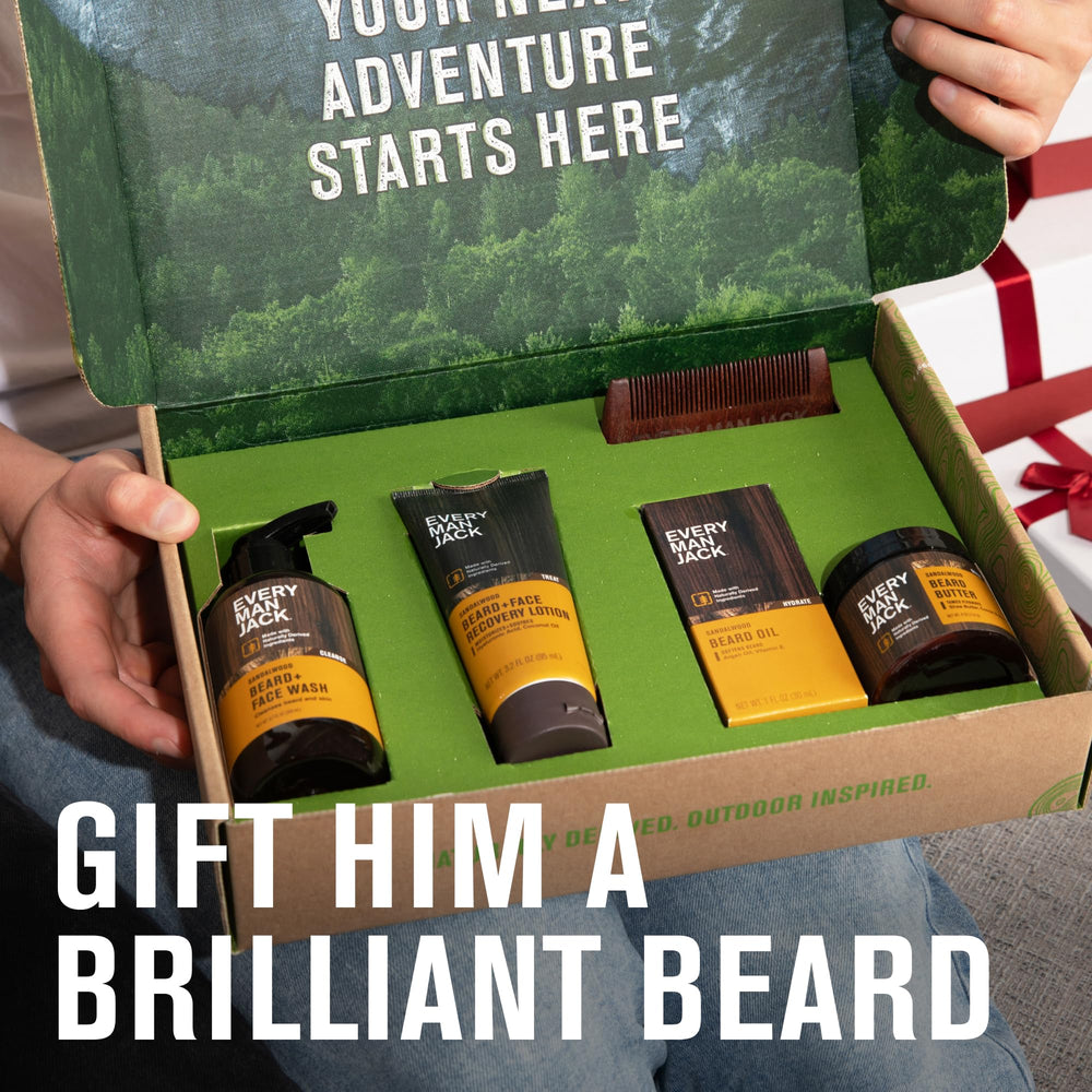 Every Man Jack beard wash bottle close-up, cleansing oil and buildup for refreshed skin.