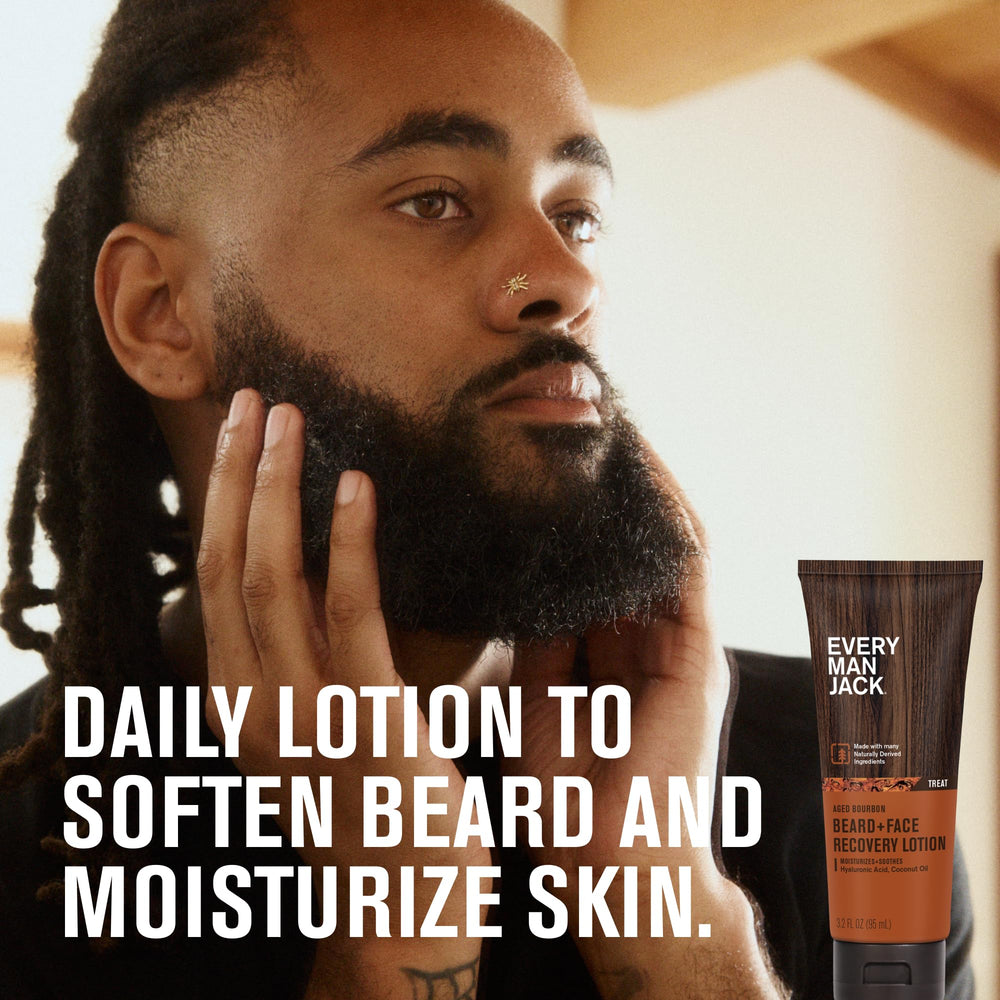 Close-up of Every Man Jack recovery lotion label highlighting natural ingredients and bourbon scent.
