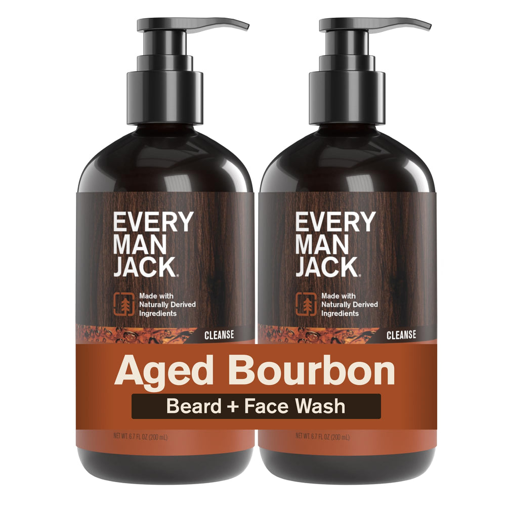 Every Man Jack beard and face wash bottle front with aged bourbon scent for daily cleansing.