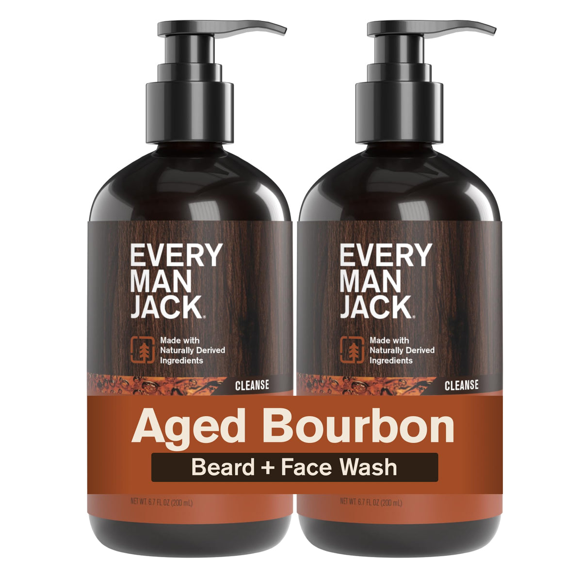 Every Man Jack beard and face wash bottle front with aged bourbon scent for daily cleansing.