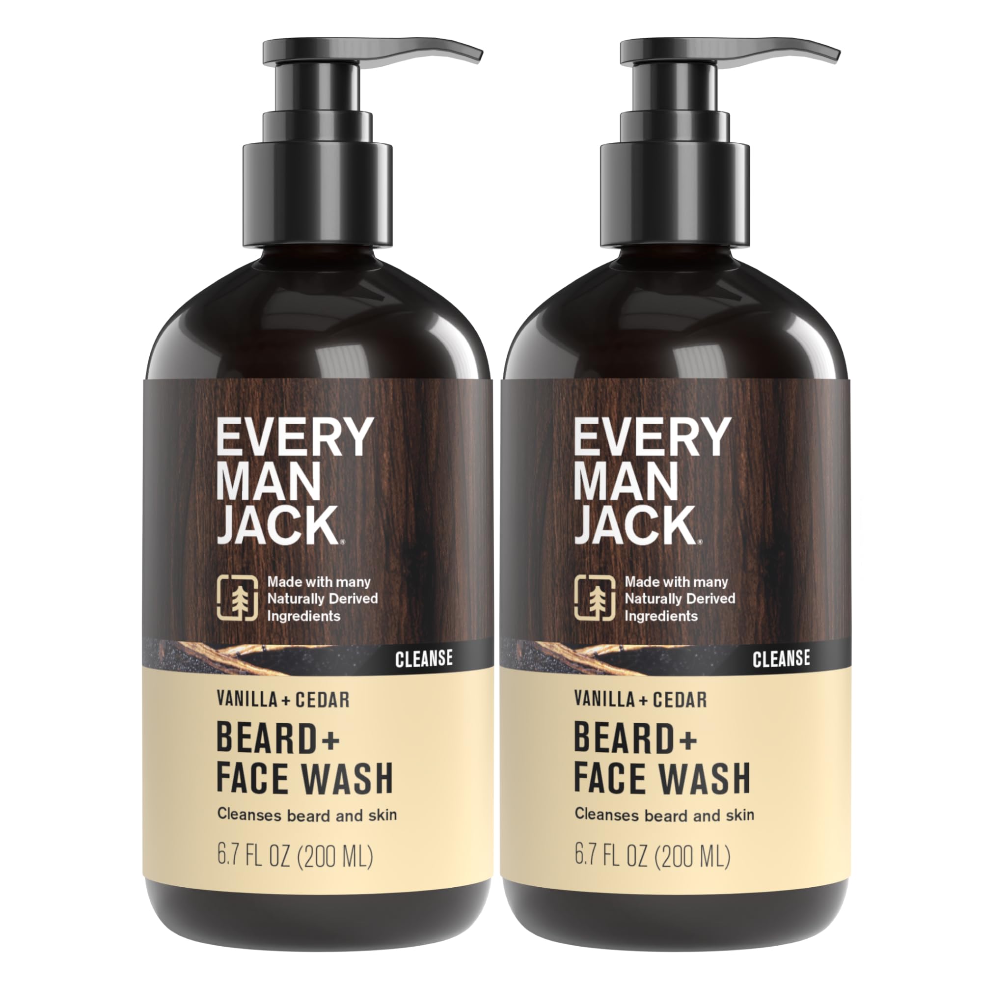 Every Man Jack beard and face wash bottle with vanilla cedar scent for daily cleanse