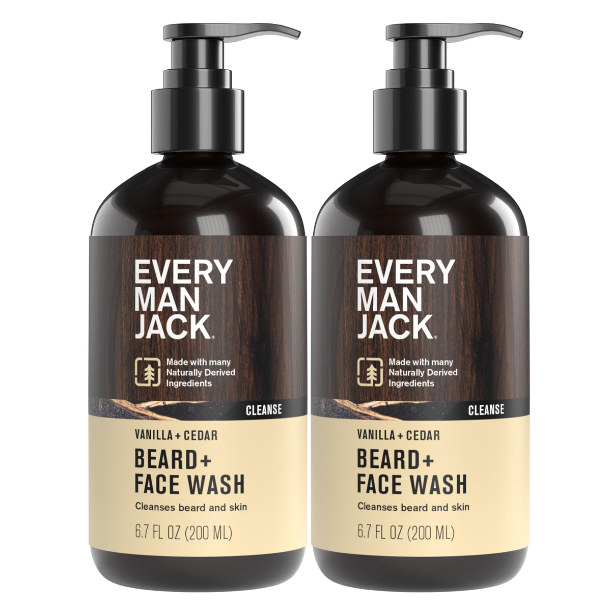 Every Man Jack beard and face wash bottle with vanilla cedar scent for daily cleanse