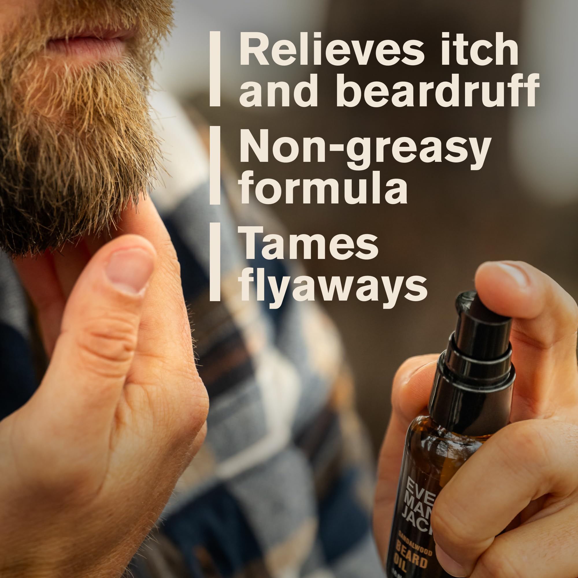 Every Man Jack Beard Oil bottle with wood-finish packaging, premium grooming feel.