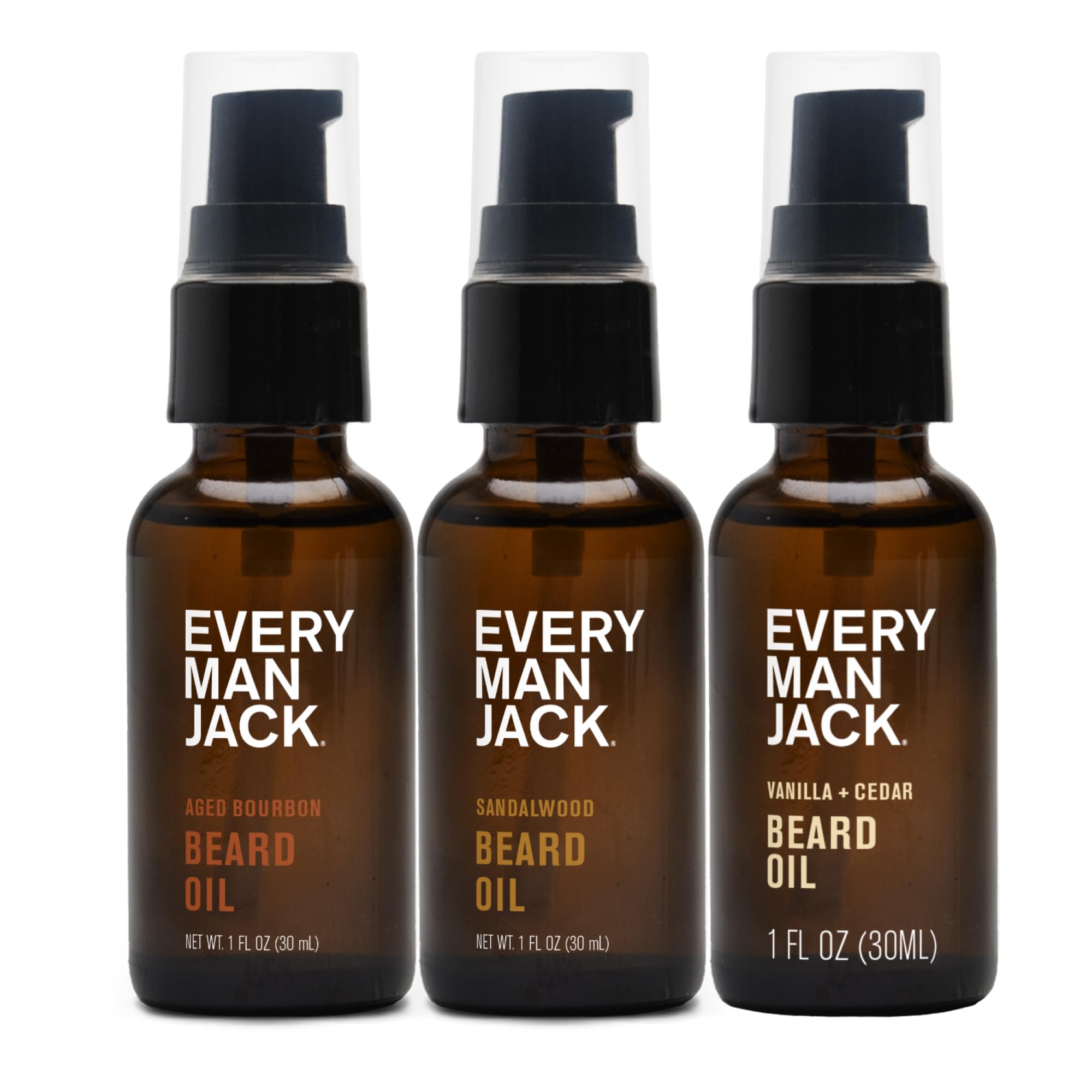 Every Man Jack beard oil gift set packaging with three scents for versatile grooming