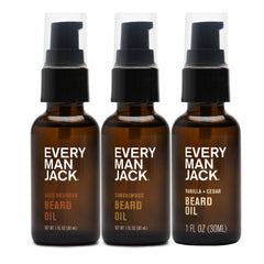 Every Man Jack beard oil gift set packaging with three scents for versatile grooming