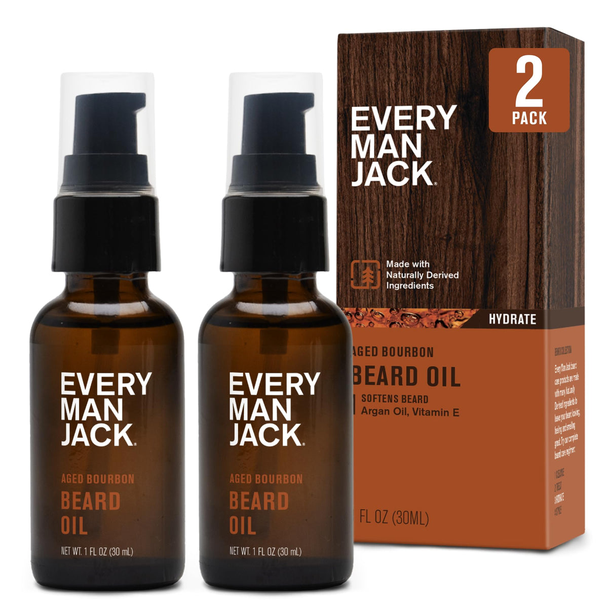 Every Man Jack Beard Oil bottle pouring subtle aged bourbon aroma for refined grooming.