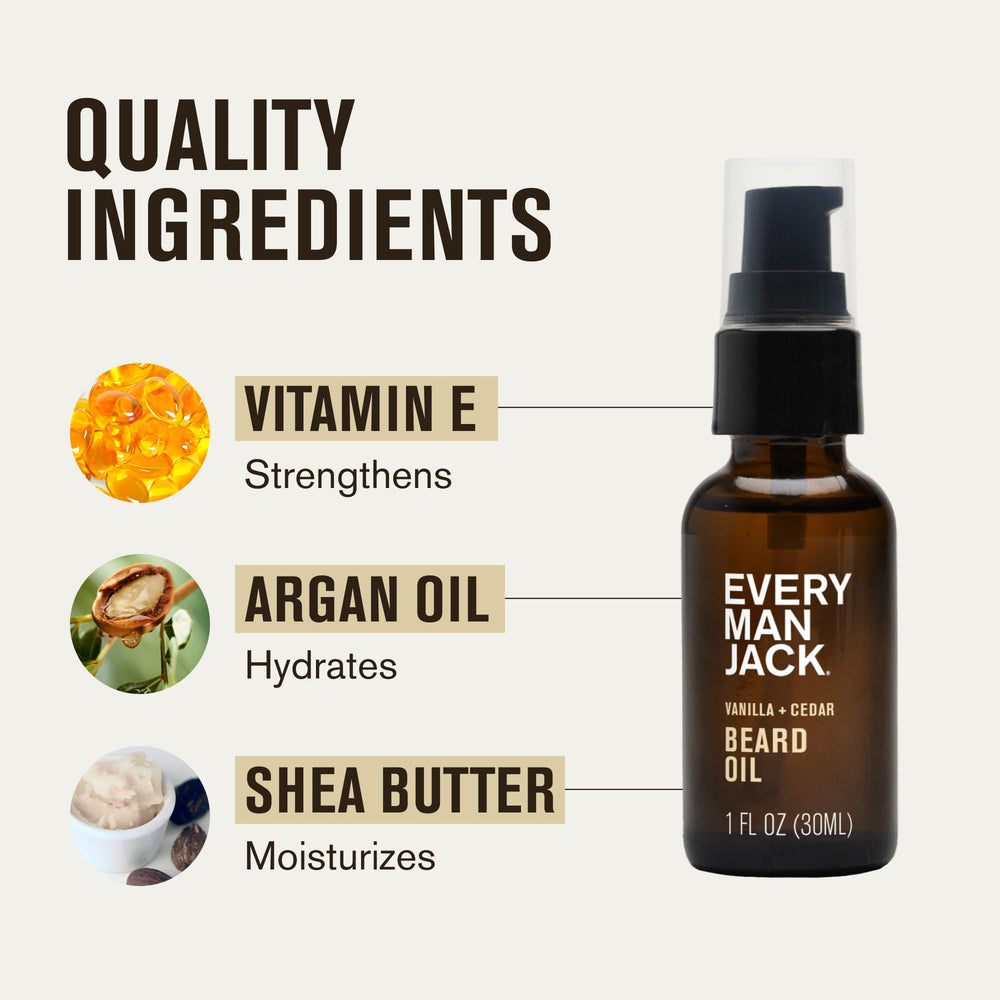 Applying Every Man Jack beard oil vanilla cedar to beard for softness.