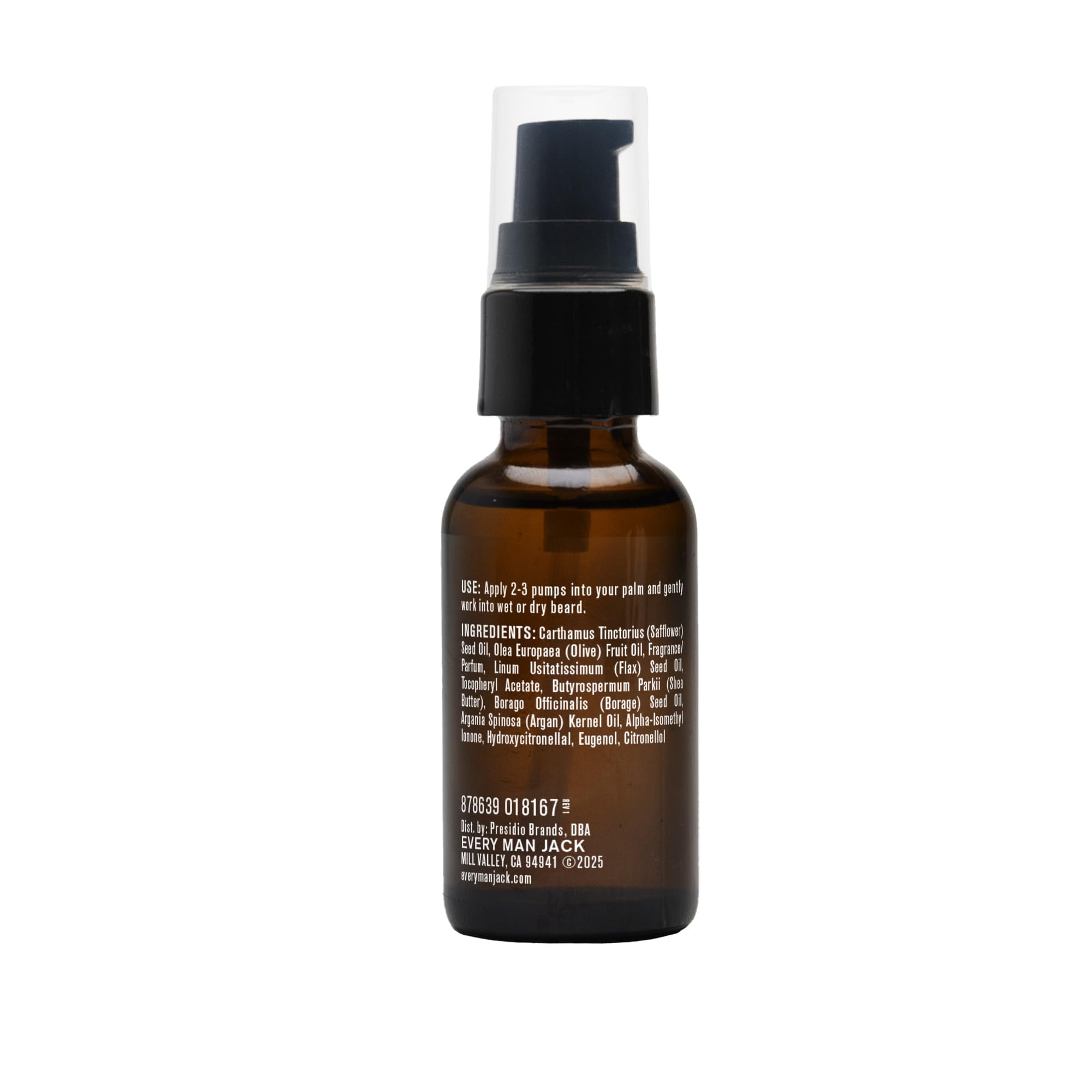 Every Man Jack beard oil vanilla cedar product packaging and branding.
